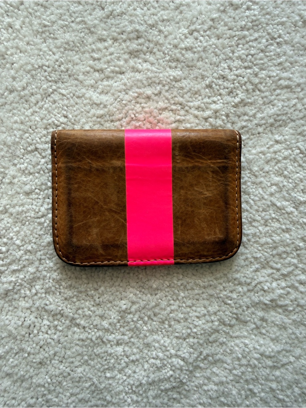Clare V Brown Leather Card Wallet Case with Bright Pink Strip